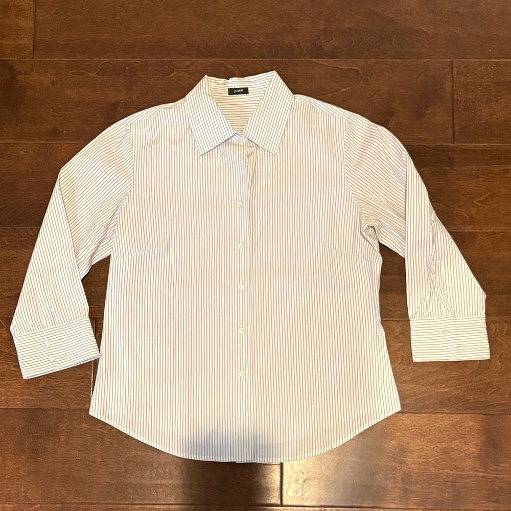 J. Crew White Button-Up Blouse with Light Blue Pinstripes